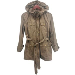 Ellen Tracy Womens Jacket Toupe with Belt and Consealable Hood size Medium